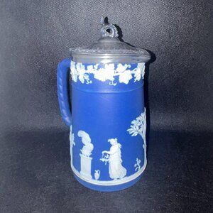 Antique Wedgwood Jasperware small milk/syrup pitcher colbalt blue & pewter lid